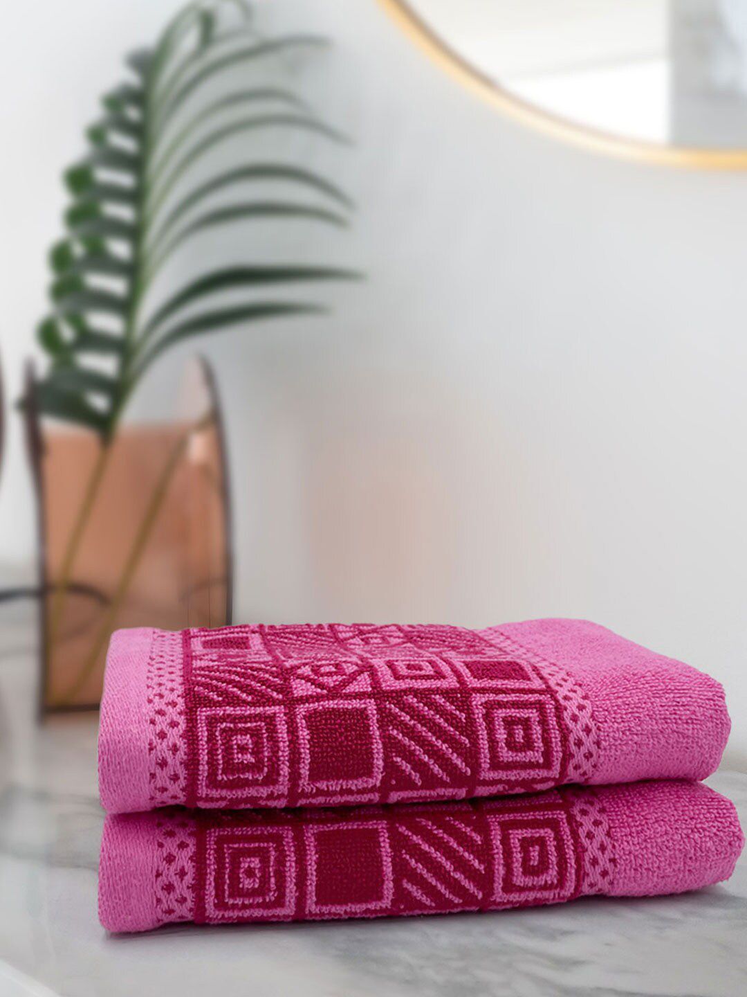Aura Set of 2 Pink Self Design 380 GSM Cotton Hand Towels Price in India