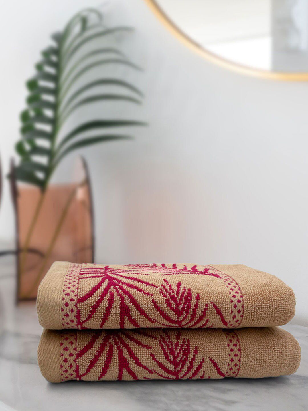 Aura Set of 2 Beige Printed 380 GSM Cotton Hand Towels Price in India