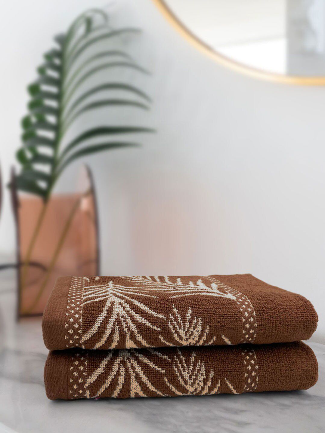 Aura Set of 2 Brown Printed Cotton 380 GSM Hand Towels Price in India