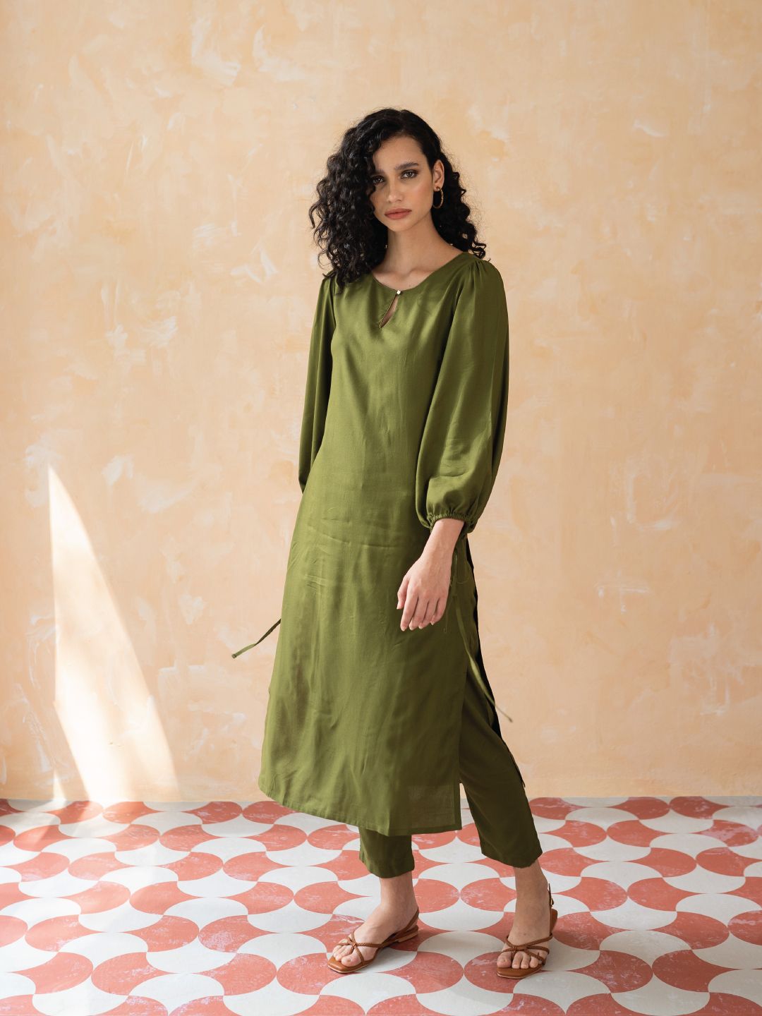 W Women Green Puffed Sleeves Kurta with Slim Pants Co-ord Set Price in India