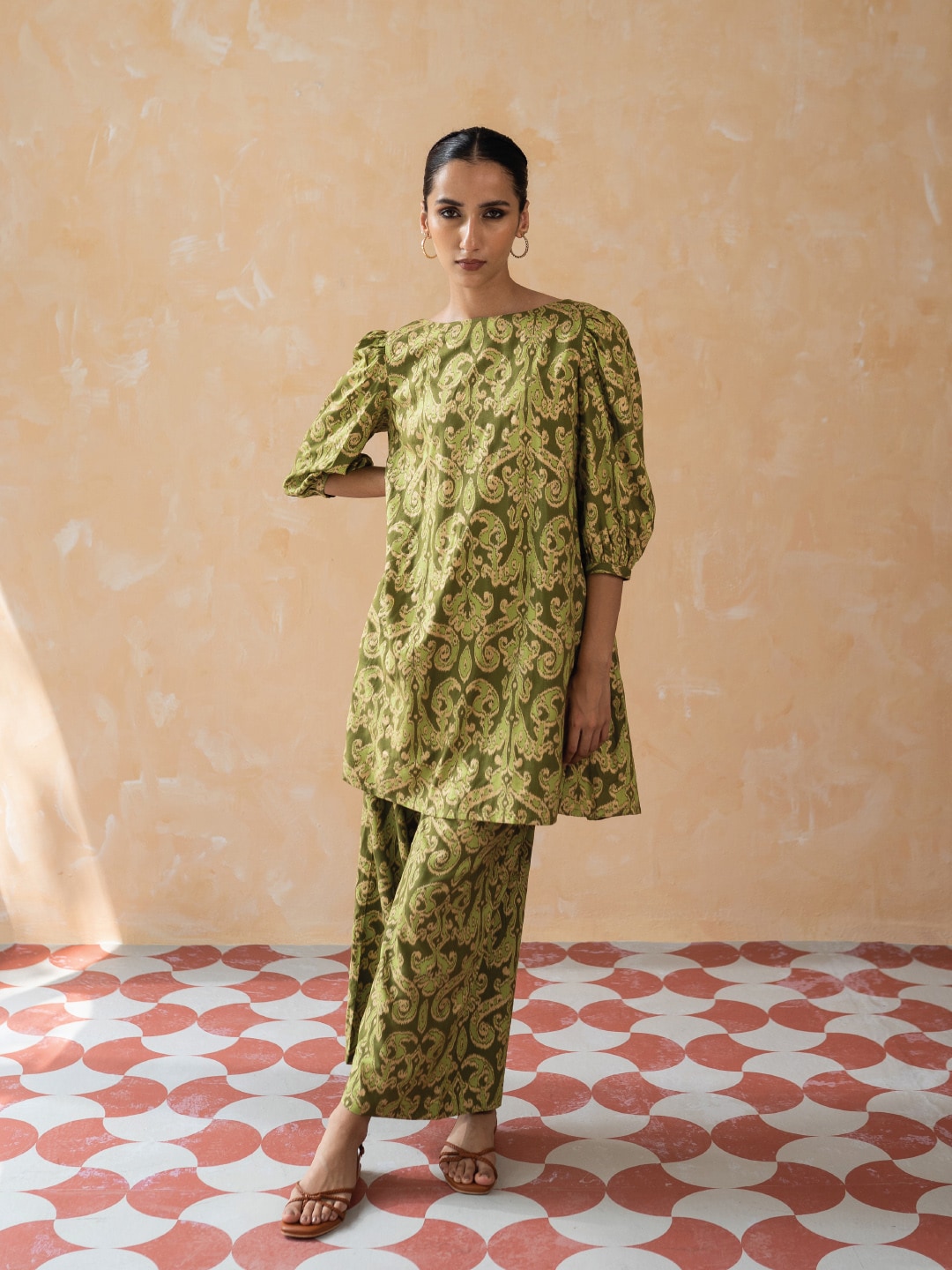 W Women Green Ikat Printed Tunic with Parallel Pants Co-ord Set Price in India