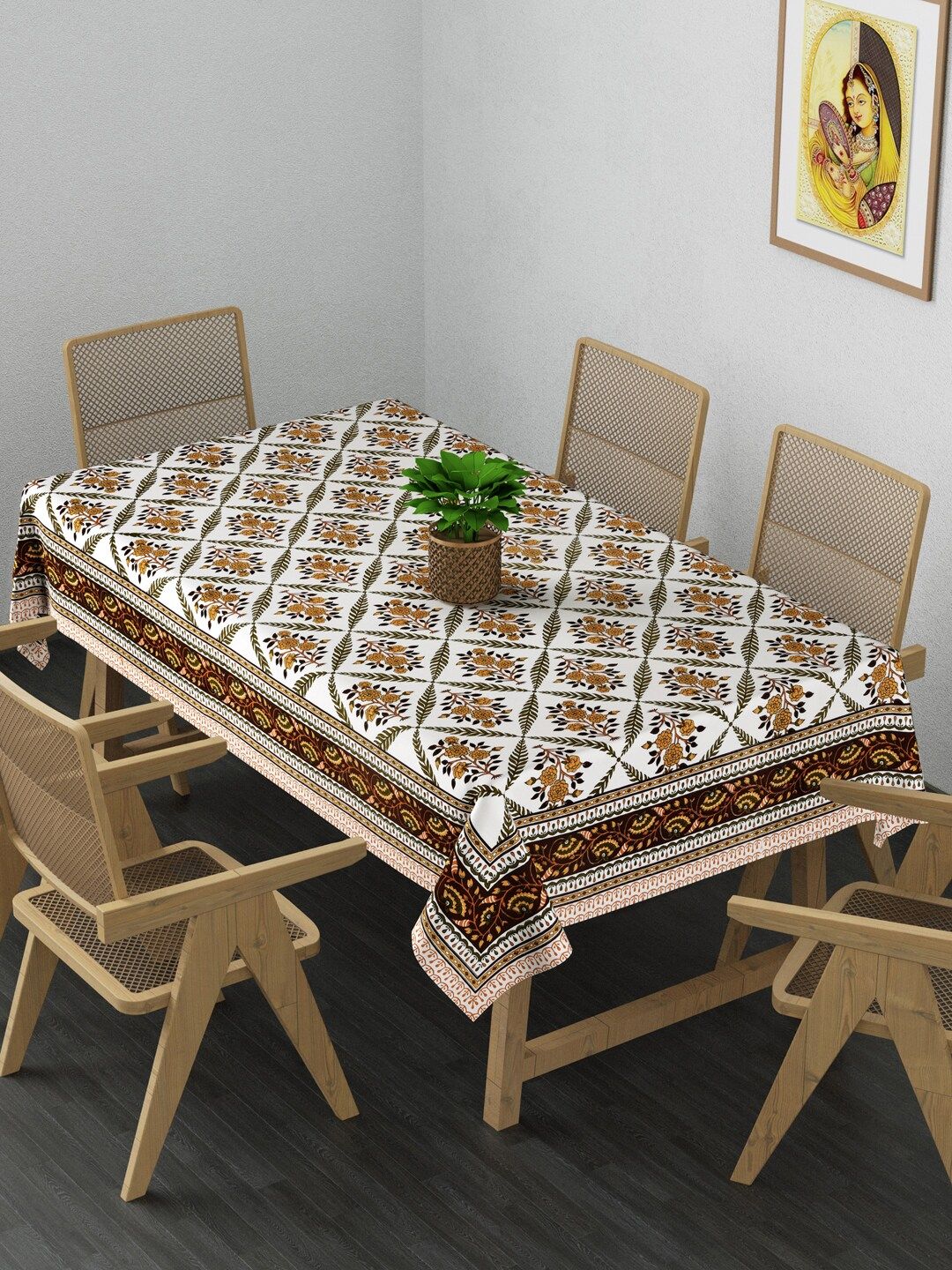 Gulaab Jaipur Brown & White Floral Printed Cotton 6-Seater Table Covers Price in India