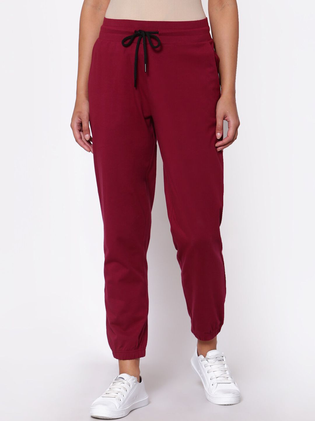 YOONOY Women Burgundy High-Rise Joggers Trousers Price in India