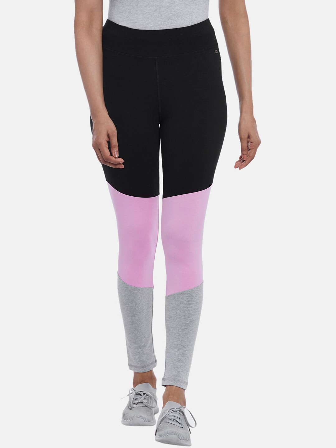 Ajile by Pantaloons Women Black And Pink Color Blocked Tights Price in India