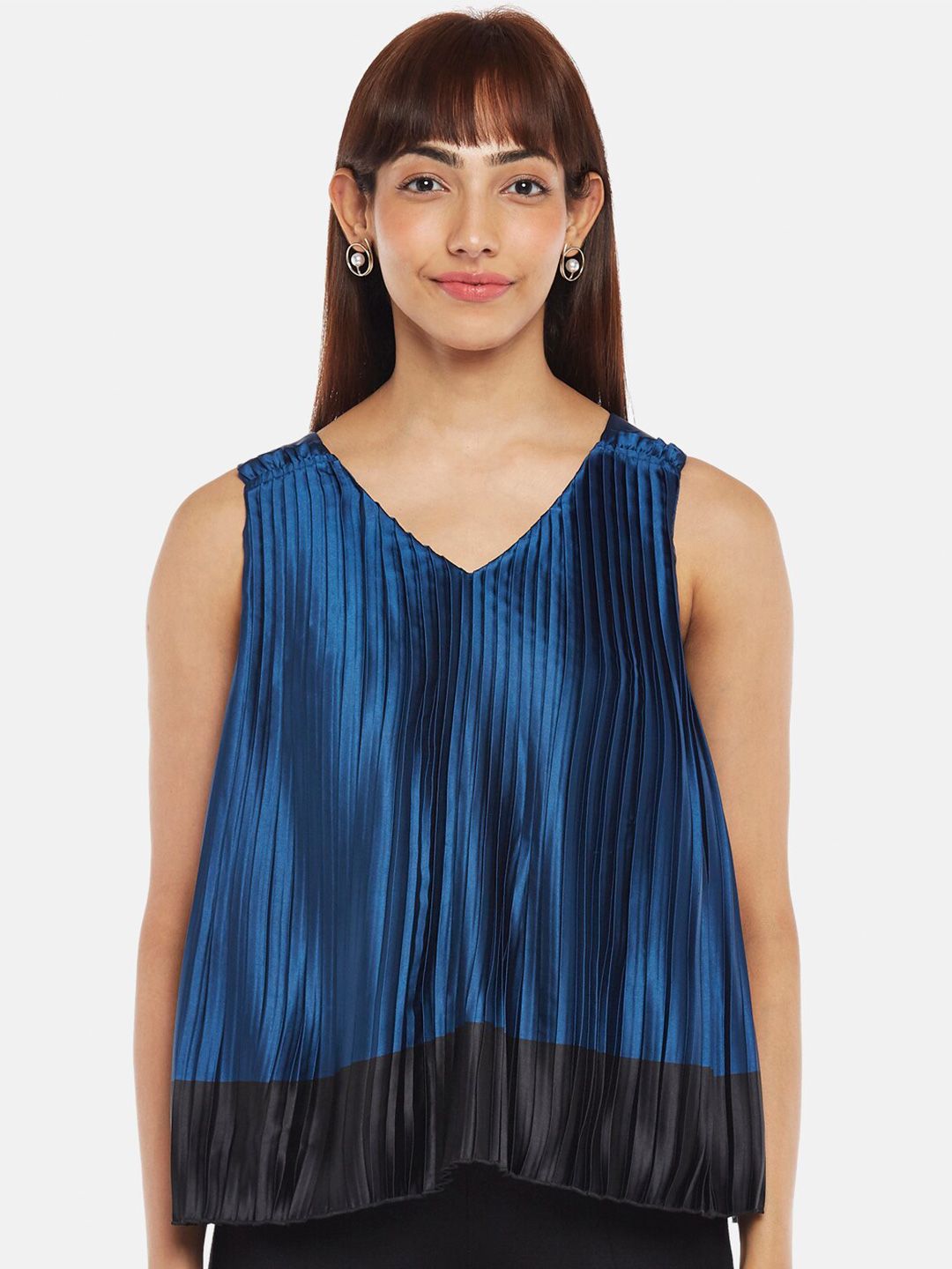 Annabelle by Pantaloons Women Navy Blue & Black Accordion Pleats Boxy Top Price in India