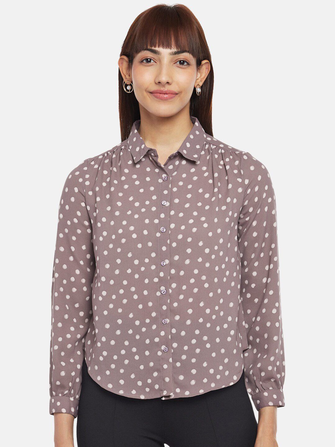 Annabelle by Pantaloons Women Mauve Printed Polyester Shirt Style Top Price in India