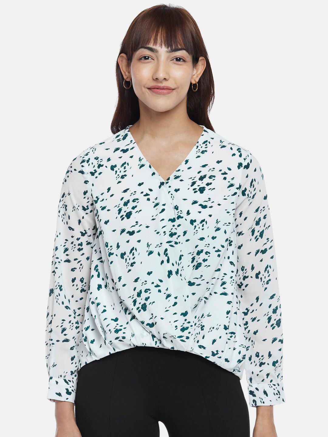 Annabelle by Pantaloons Women Off White And Green Abstract Print V Neck Frill Top Price in India