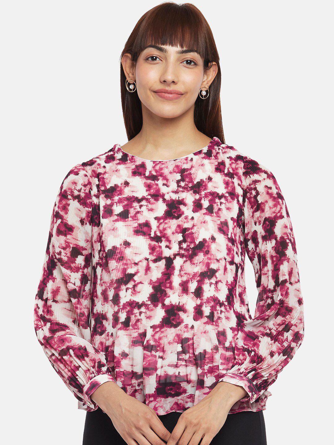 Annabelle by Pantaloons Women Pink Abstract Print Long Sleeves Peplum Top Price in India