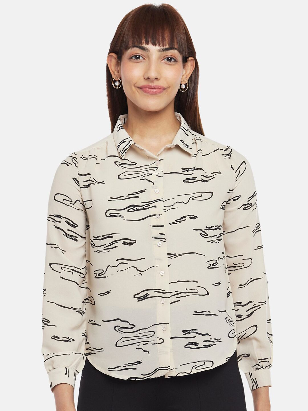 Annabelle by Pantaloons Women Beige And Black Abstract Print Shirt Style Top Price in India