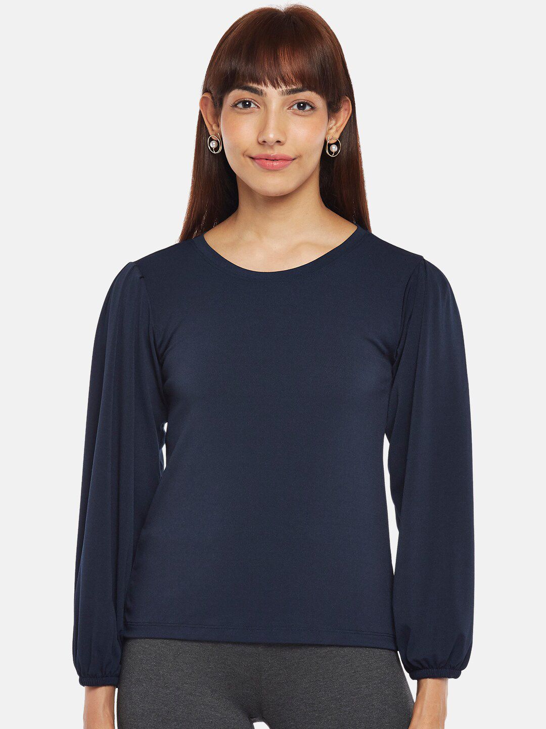 Annabelle by Pantaloons Women Navy Blue Cuff Sleeves Casual Top Price in India