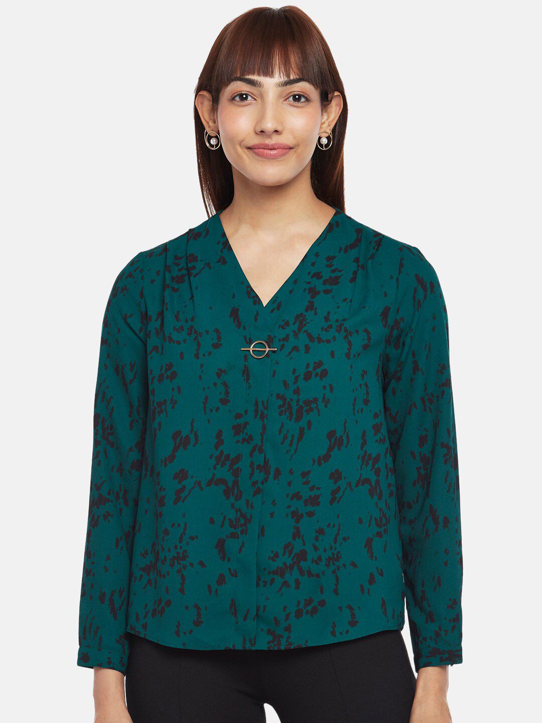 Annabelle by Pantaloons Women Green And Black Abstract Print V Neck Long Sleeves Top Price in India
