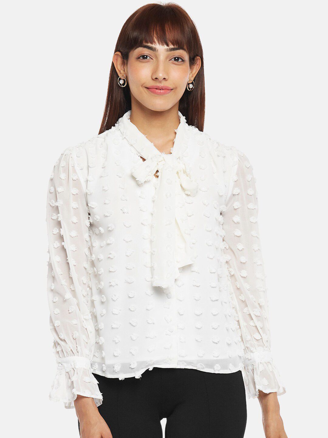 Annabelle by Pantaloons Women Off White Textured Full Sleeves Tie Up Neck Top Price in India