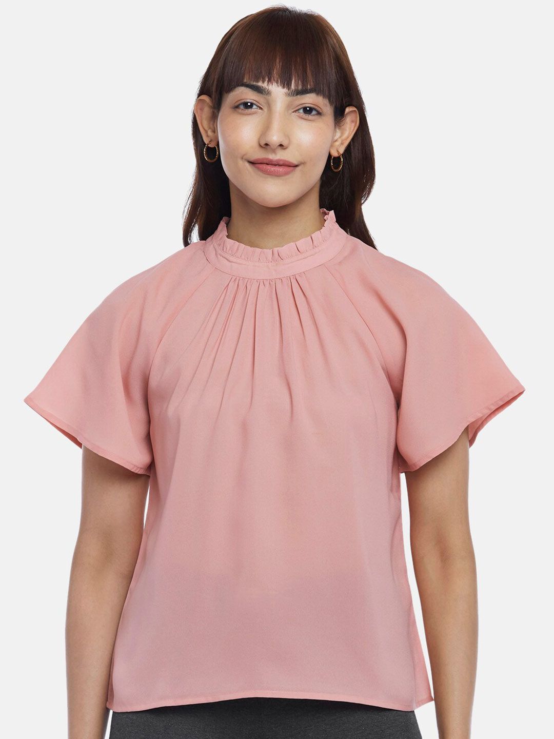 Annabelle by Pantaloons Women Rose Pink High Neck Casual Raglan Sleeves Top Price in India