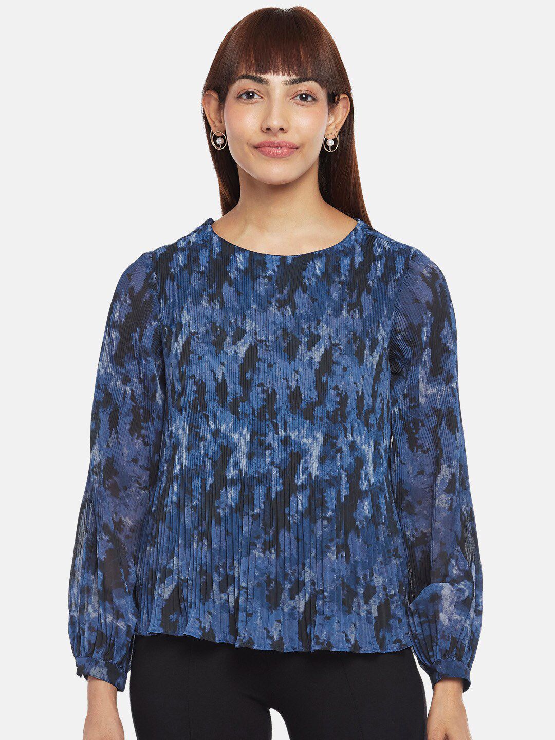 Annabelle by Pantaloons Women Blue And Black Abstract Print Long Sleeves Pleated Top Price in India