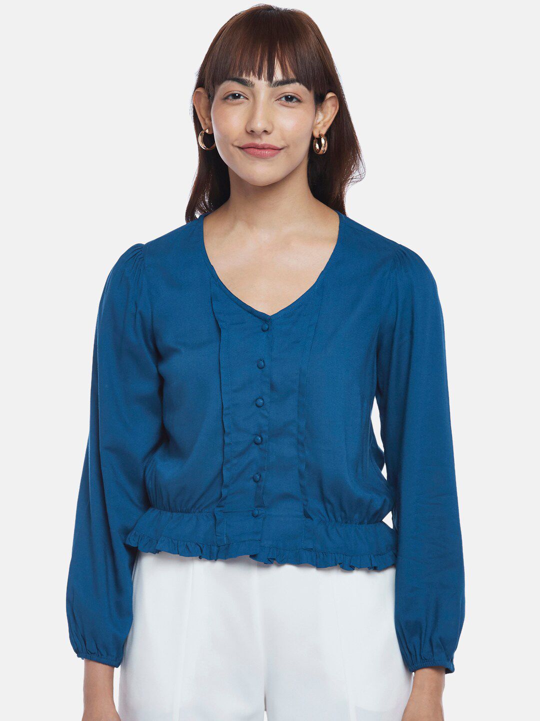 Honey by Pantaloons Women Blue Solid Puff Sleeves Casual Top Price in India