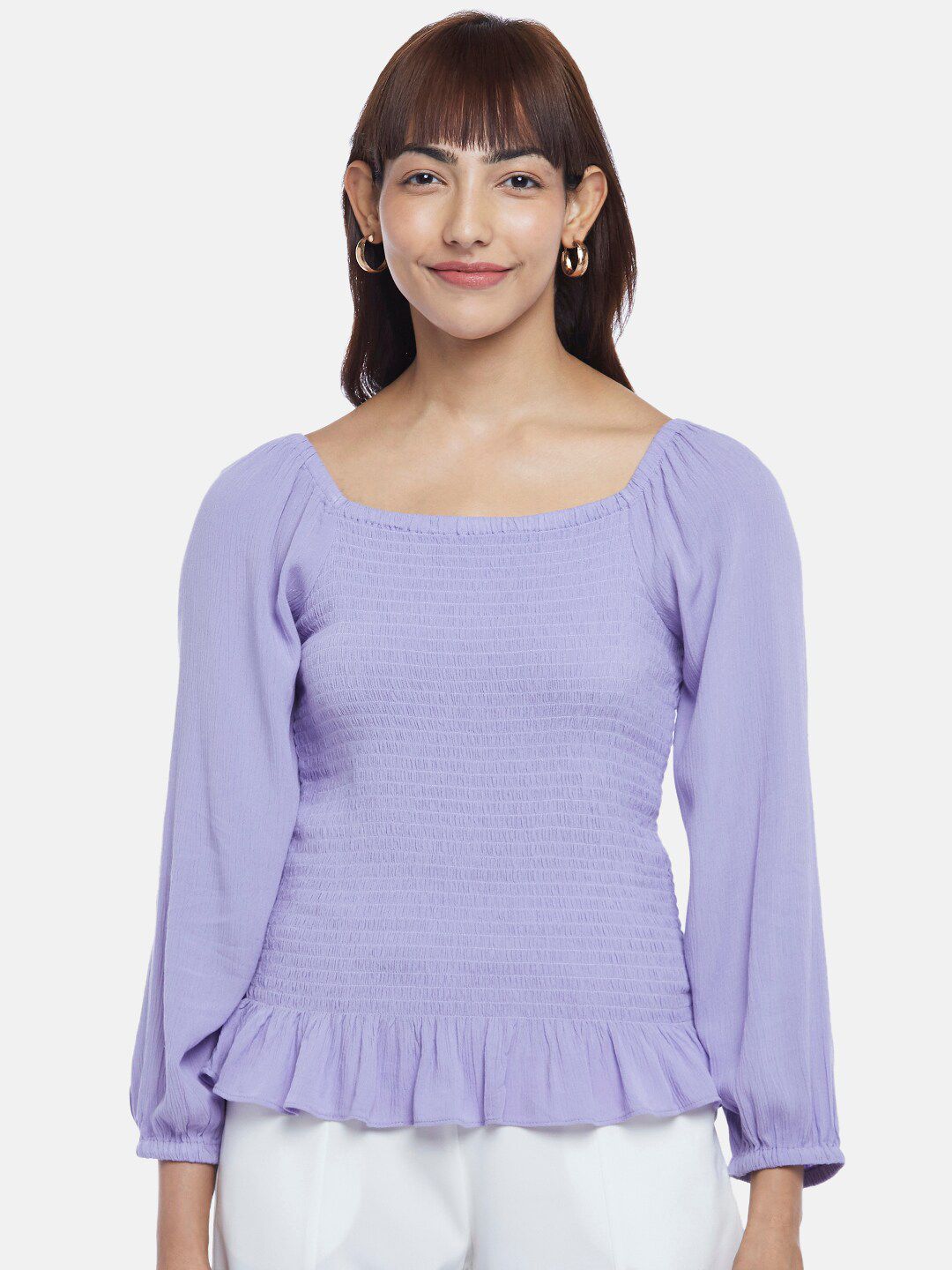 Honey by Pantaloons Women Purple Smocked Peplum Top Price in India