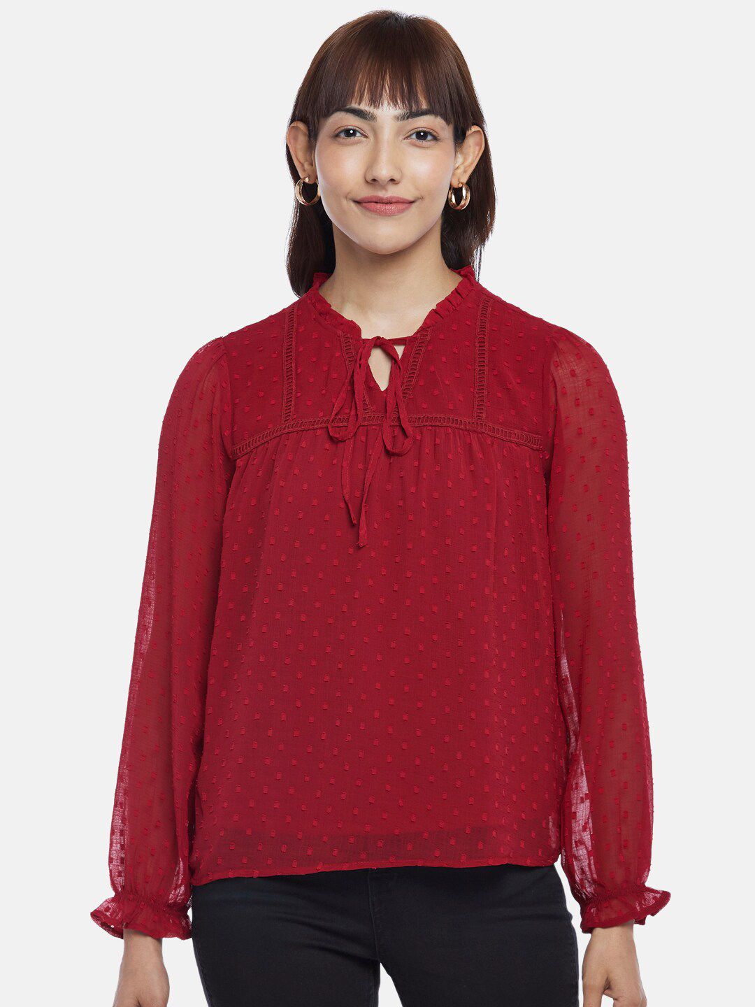 Honey by Pantaloons Women Maroon Tie-Up Neck Top Price in India