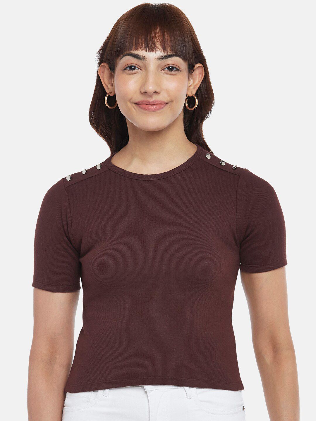 People Women Brown Solid Fitted Crop Top Price in India