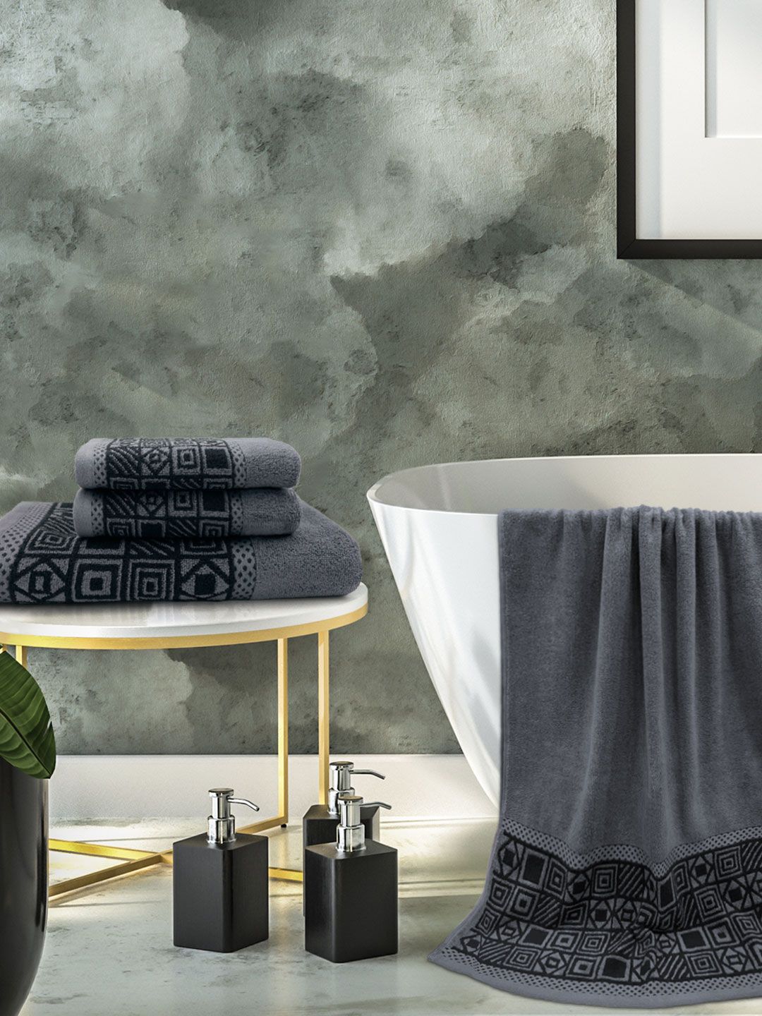 Aura Set Of 4 Grey And Black 380 GSM Printed Cotton Hand And Bath Towel Set Price in India