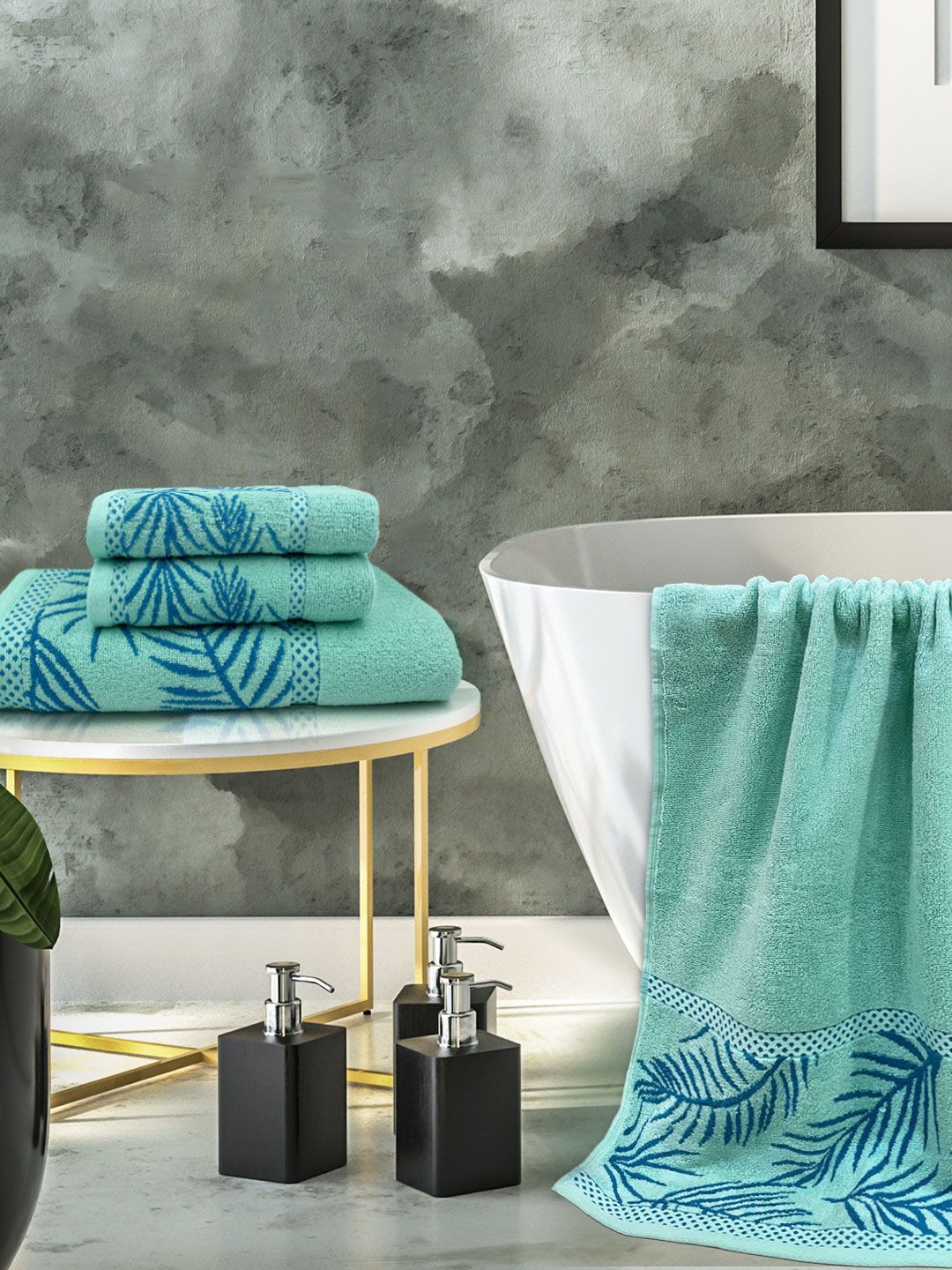 Aura Set Of 4 Pista Green 380 GSM Printed Cotton Hand And Bath Towel Set Price in India