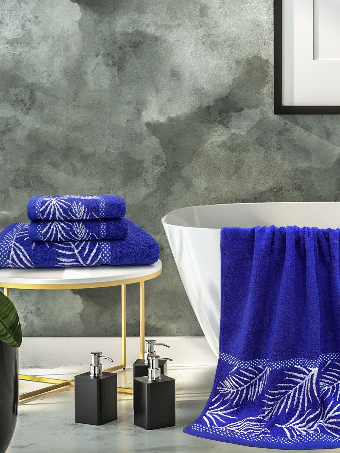 Aura Set Of 4 Royal Blue And White 380 GSM Printed Cotton Hand And Bath Towel Set Price in India
