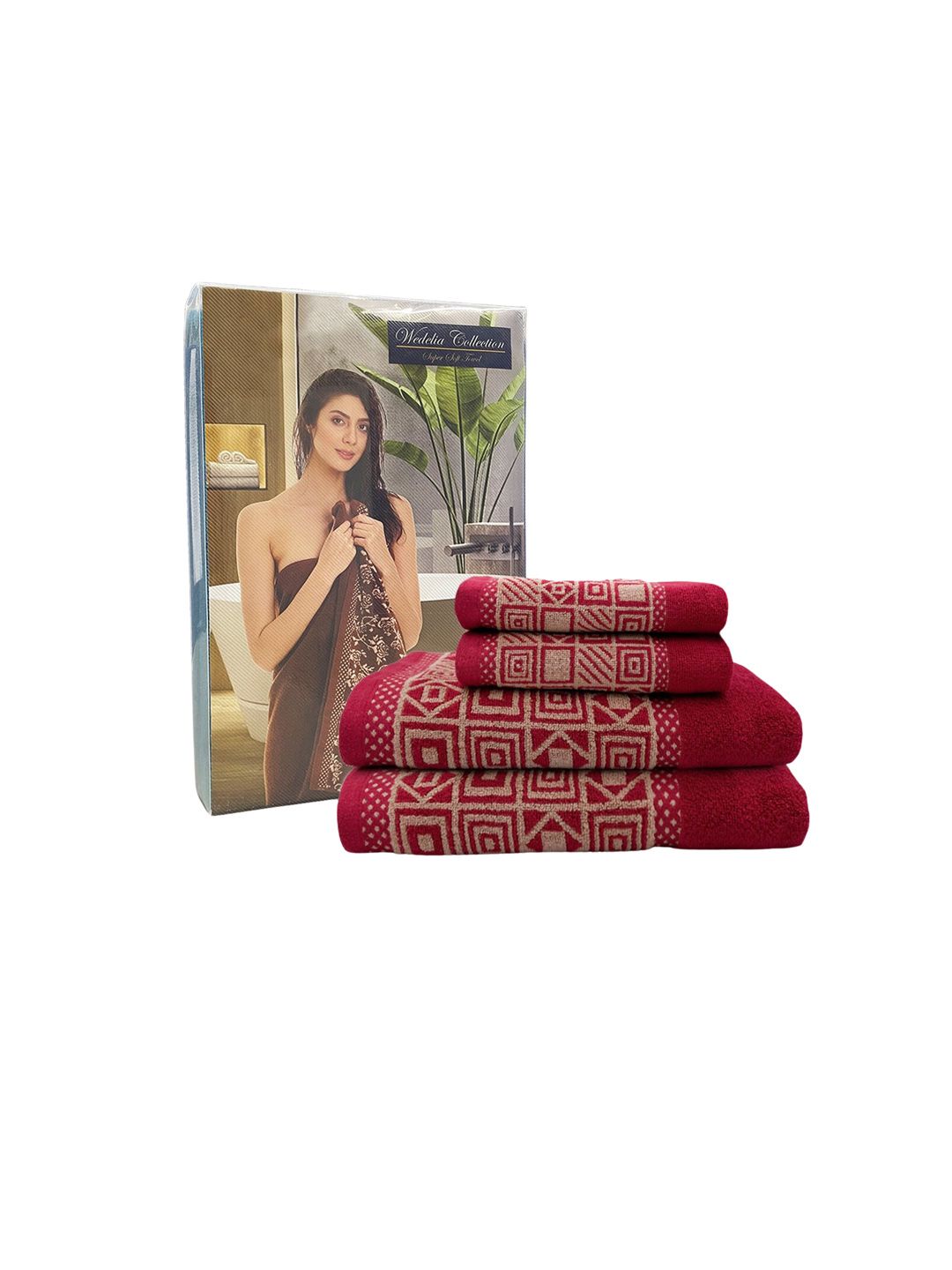 Aura Set Of 4 Maroon And Beige 380 GSM Printed Cotton Hand And Bath Towel Set Price in India