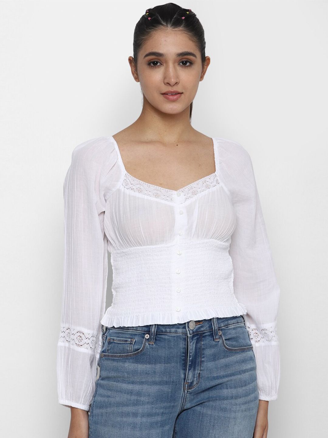 AMERICAN EAGLE OUTFITTERS Women White Sweetheart Neck Pure Cotton Smocked Top Price in India