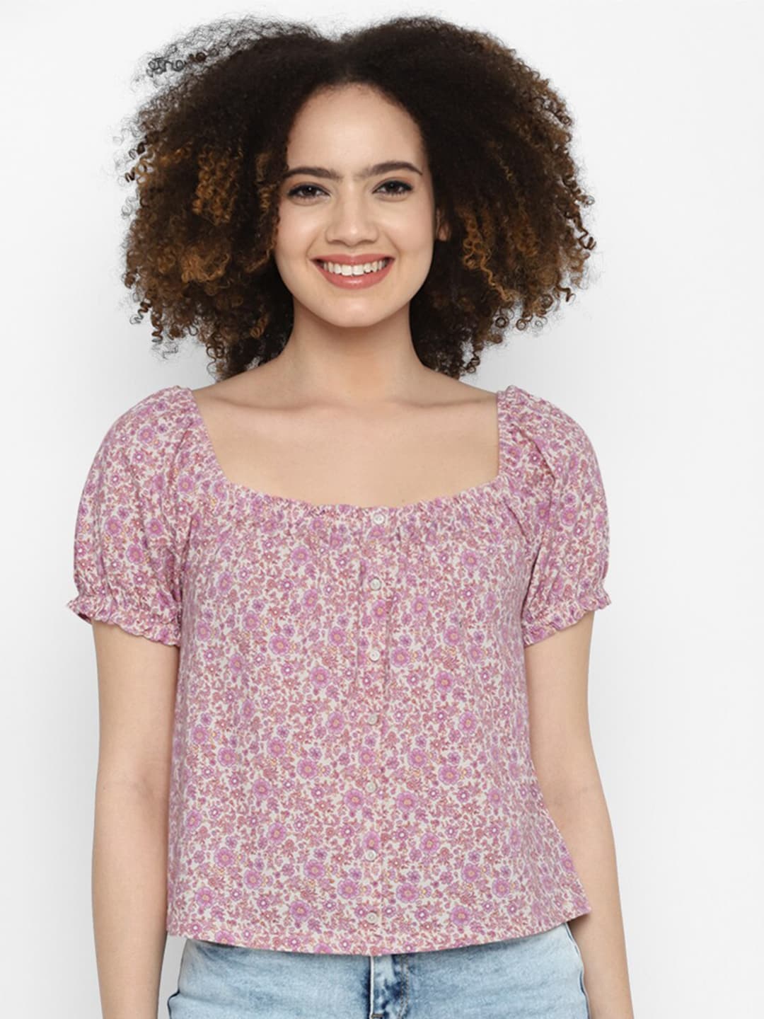 AMERICAN EAGLE OUTFITTERS Women Purple Floral Printed Pure Cotton Top Price in India