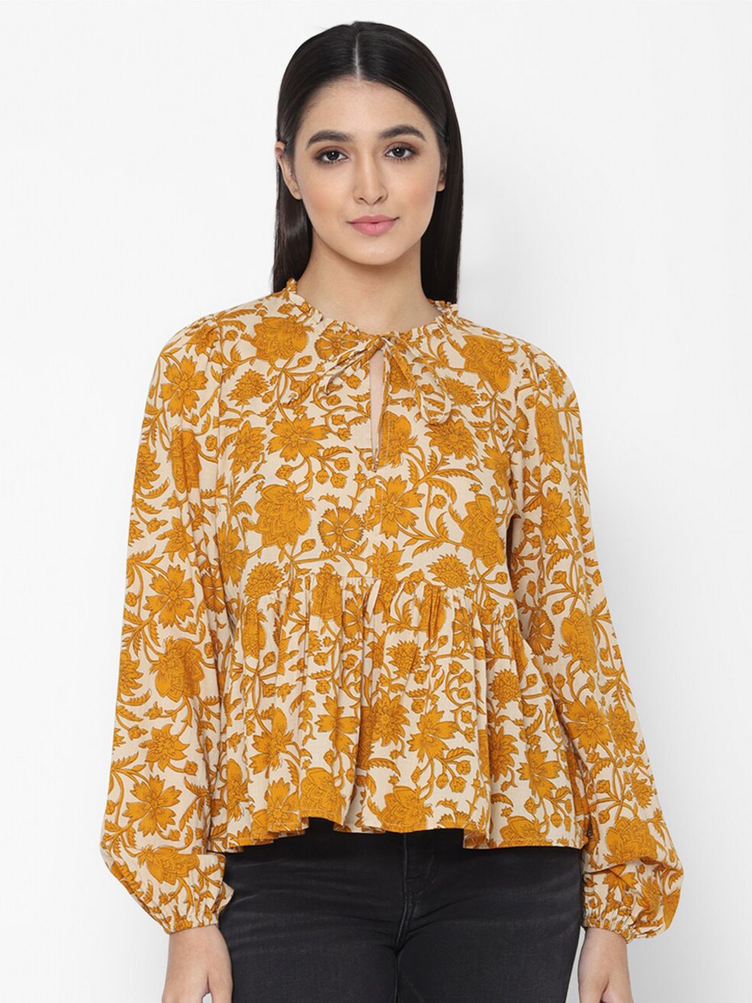 AMERICAN EAGLE OUTFITTERS Women White & Yellow Floral Printed Pure Cotton Tie-Up Neck Top Price in India