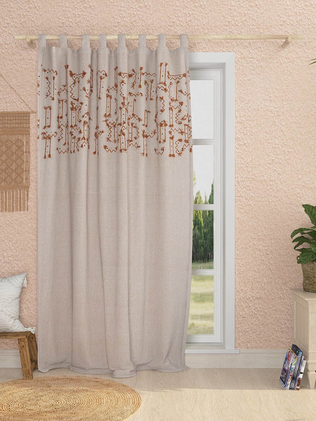 Sangria Peach-Coloured & Brown Embroidered Room Darkening Door Curtain Price in India