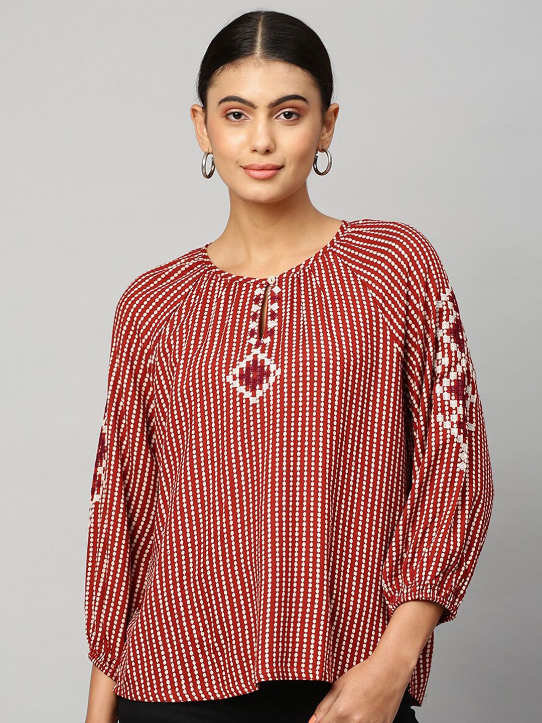 Chemistry Women Rust Brown And White Geometric Print Keyhole Neck Embroidered Tunic Top Price in India