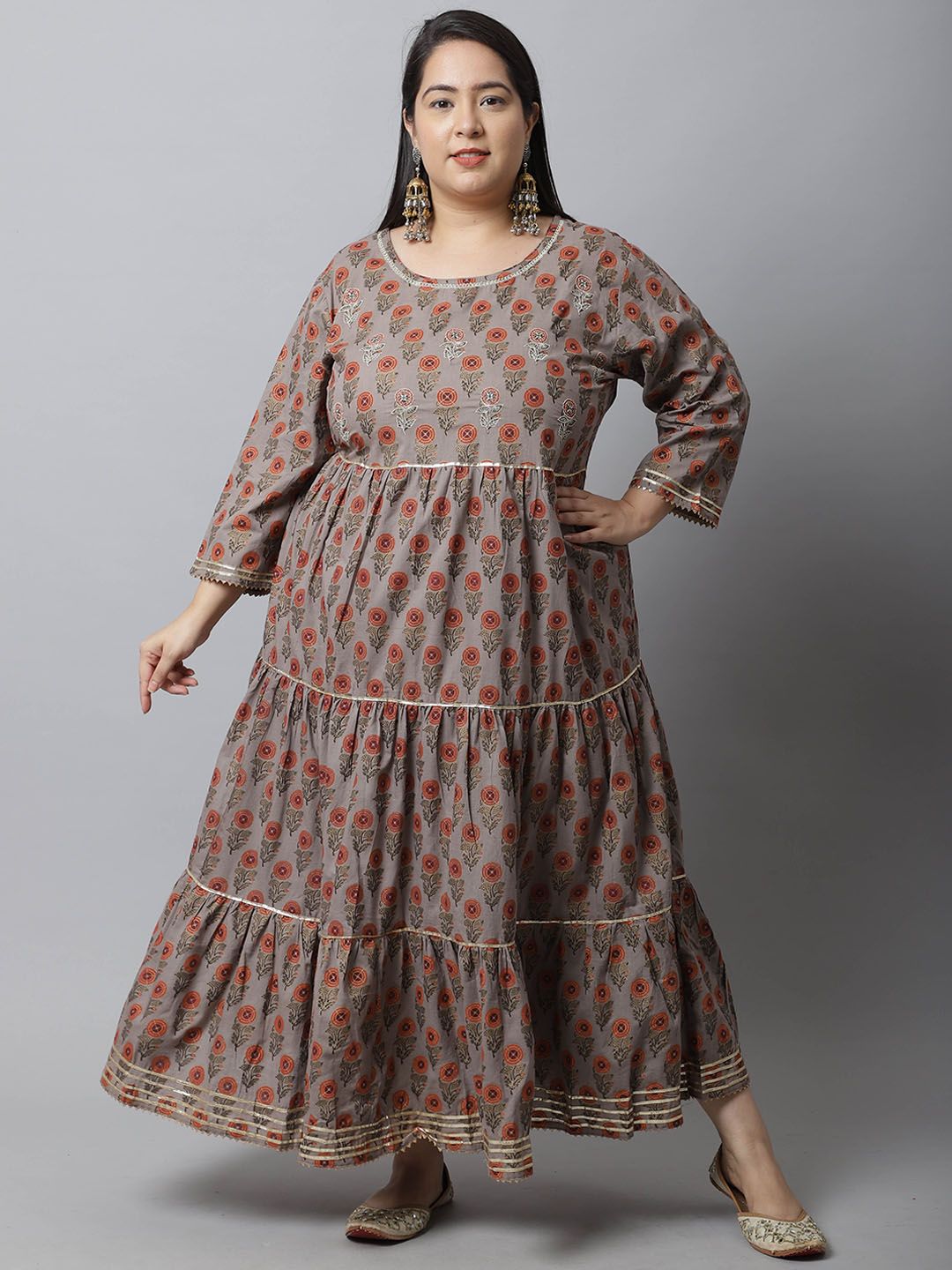 Rajnandini Women  Plus Size Grey Ethnic Motifs Printed Flared Sleeves Anarkali Dress Price in India