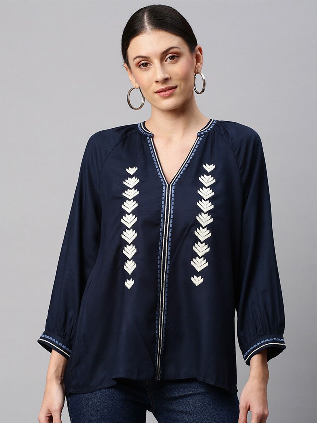 Chemistry Women Navy Blue Geometric Embroidered V Neck Full Sleeves Rayon Tunic Top Price in India