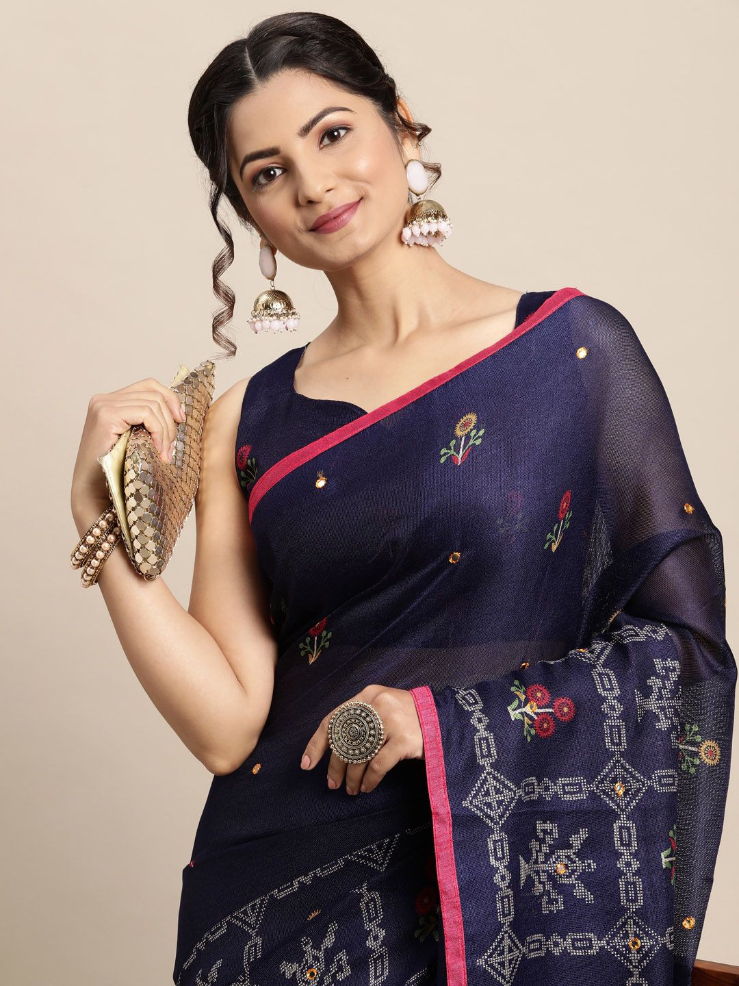 Saree mall Navy Blue & Pink Floral Jute Silk Block Print Sarees Price in India