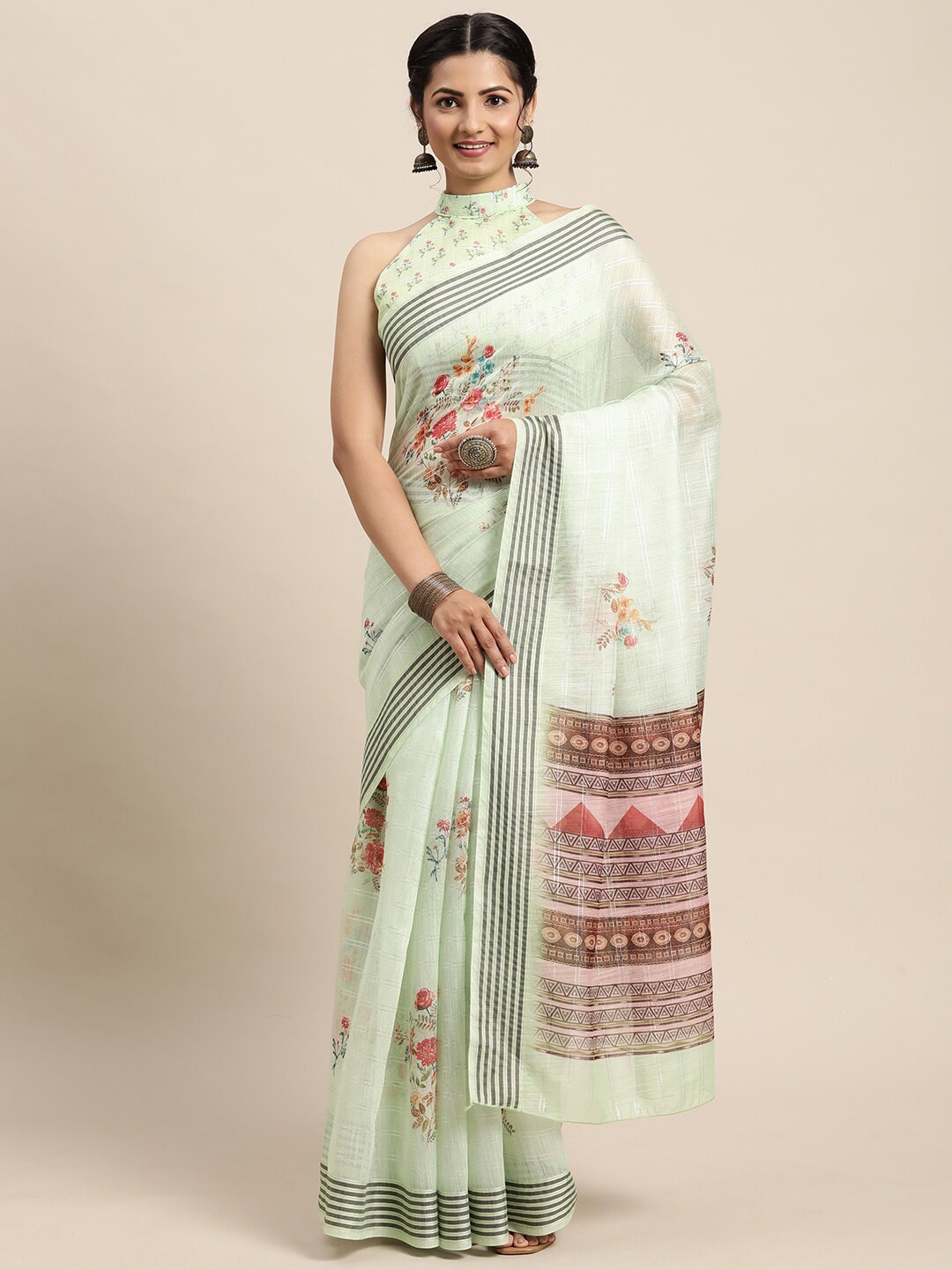 Saree mall Women Green & Brown Floral Silk Blend Banarasi Saree Price in India