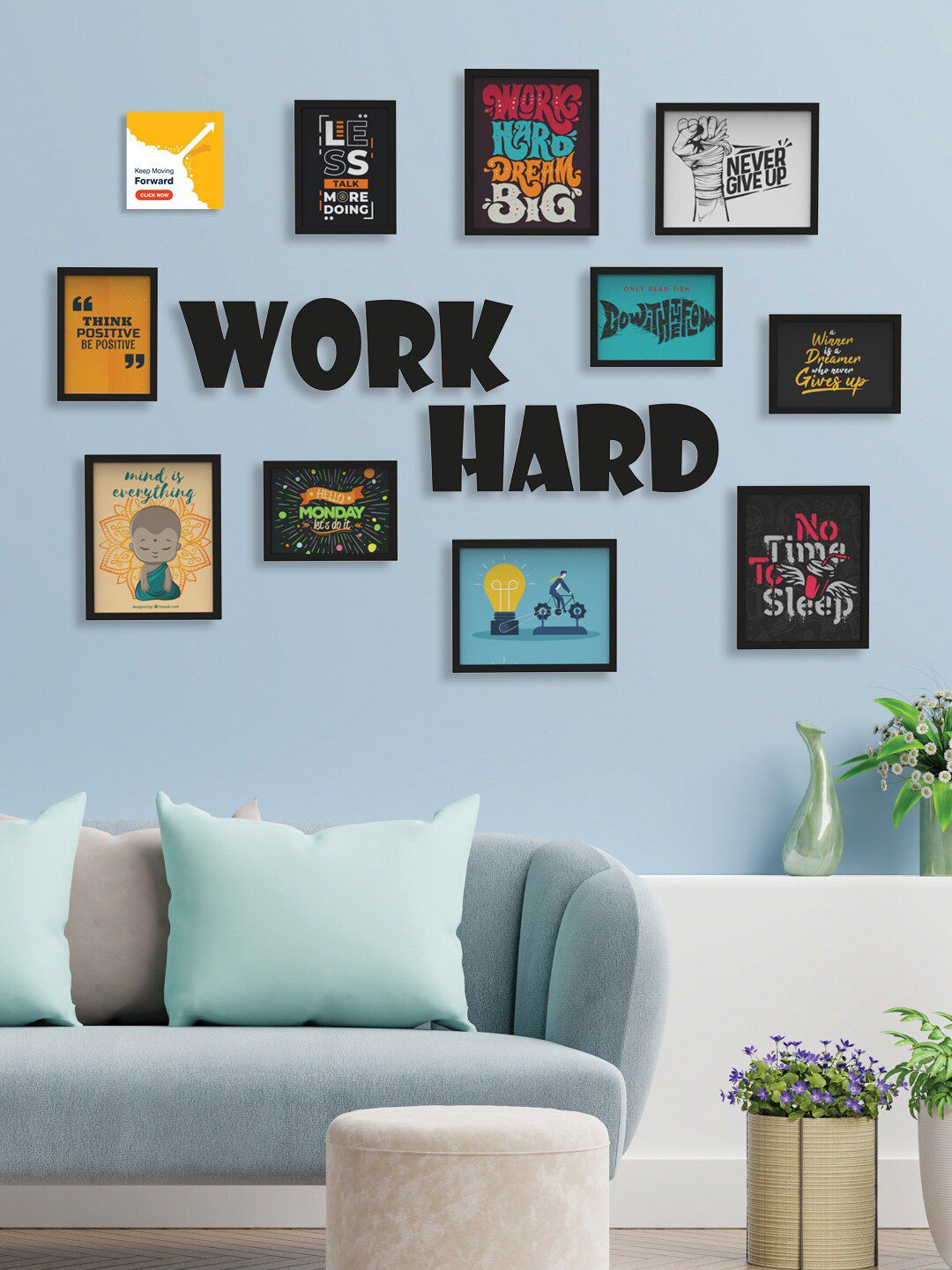 RANDOM Black Set of 10 3D Collage Photo Frames With WORK HARD Plaque Price in India
