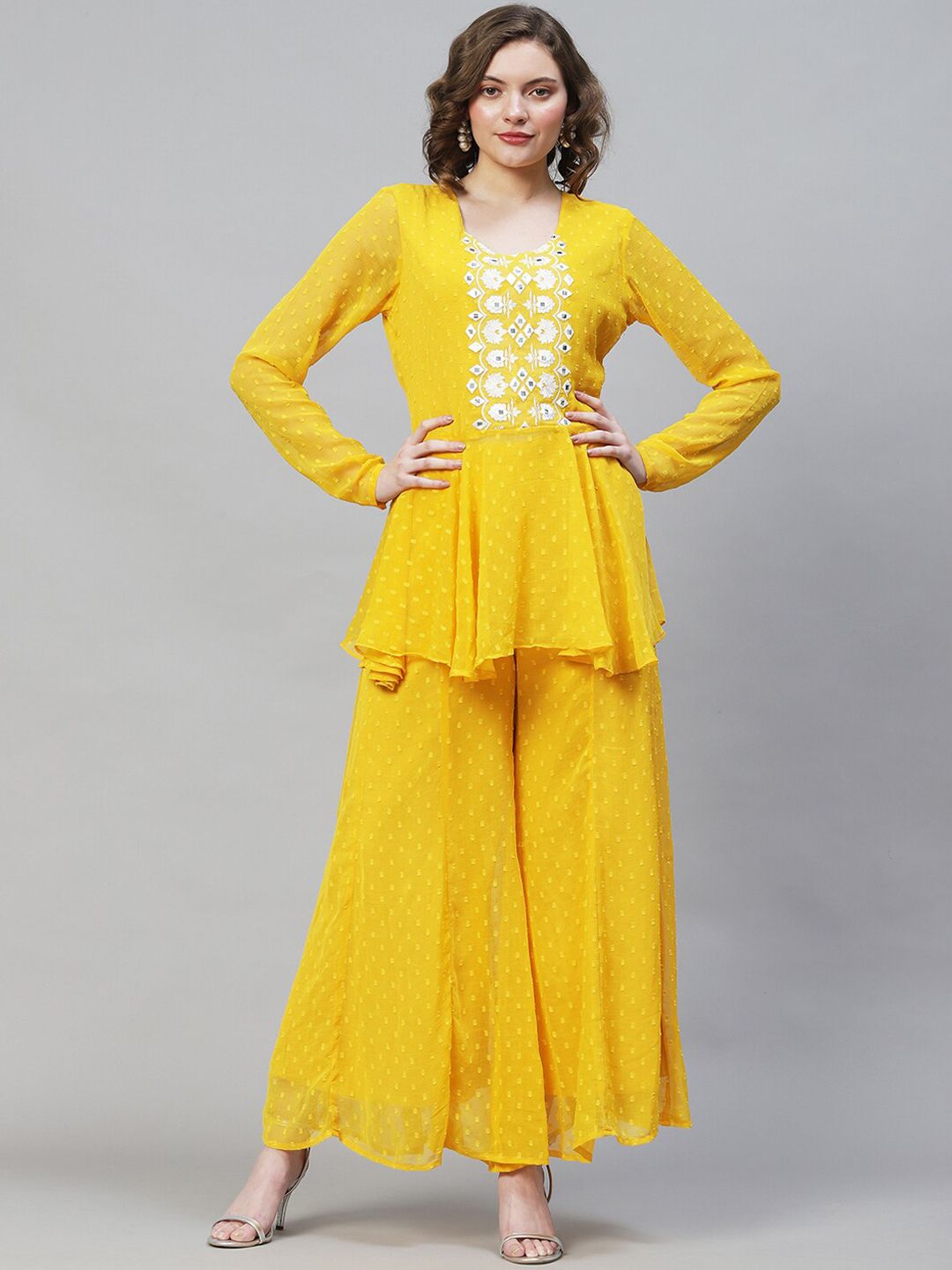 FASHOR Women Yellow Floral Embroidered Co-ords Set Price in India