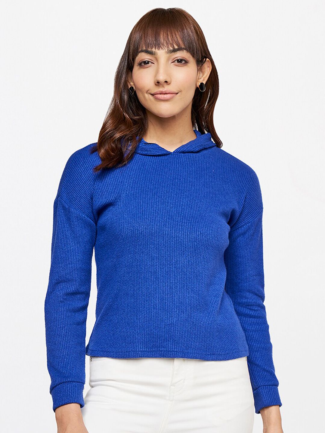 AND Women Blue Solid Hood Long Sleeves Top Price in India