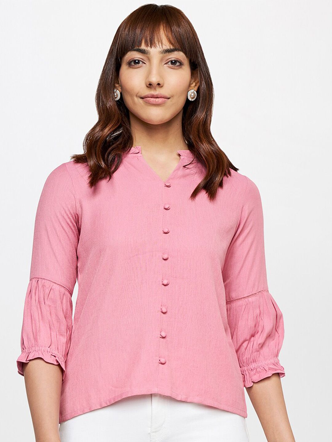 AND Women Pink Solid Mandarin Collar Puff Sleeves Viscose Rayon Top Price in India