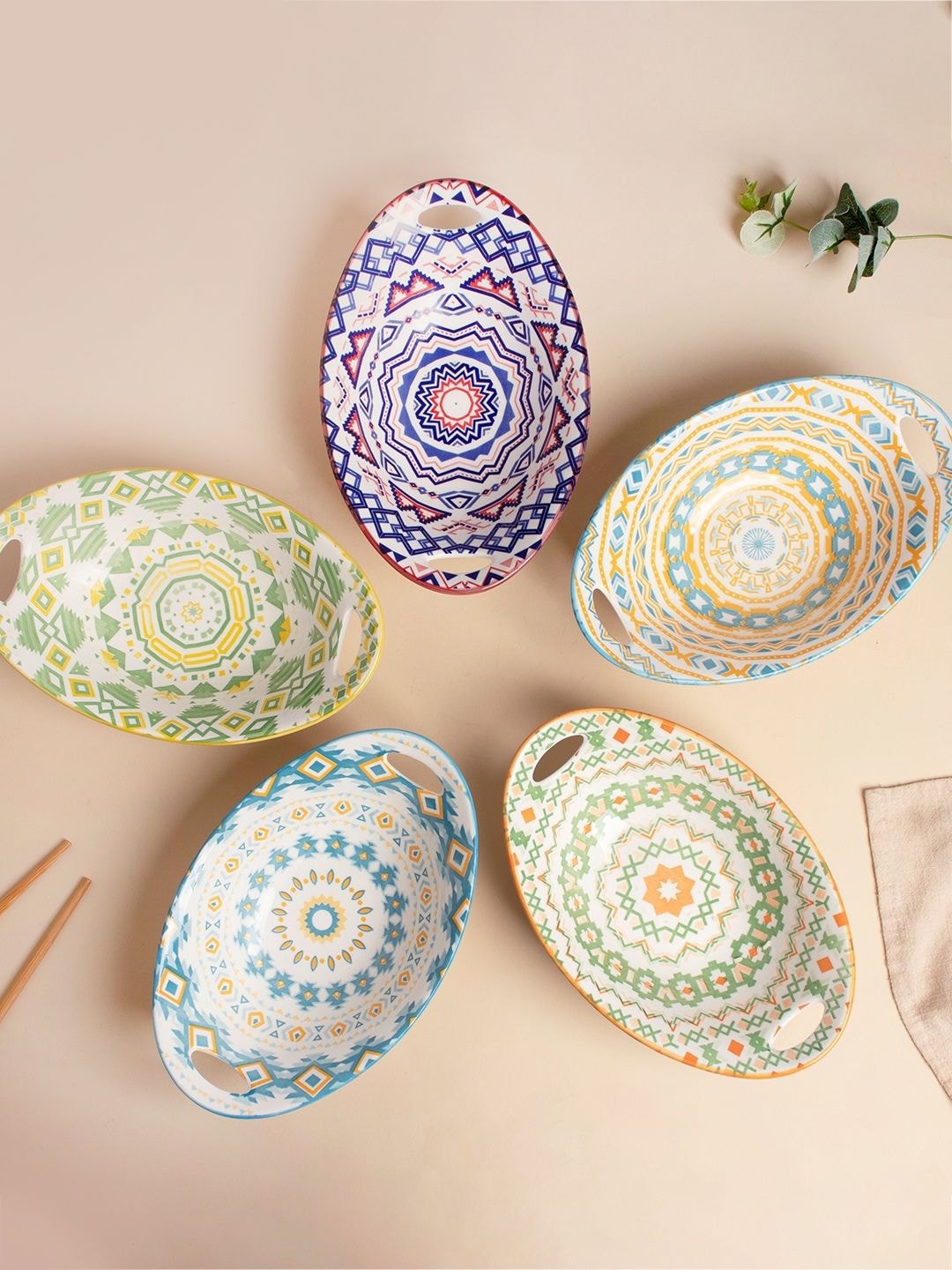 Nestasia White and Blue Mandala Ceramic Bakeware With Handle Price in India