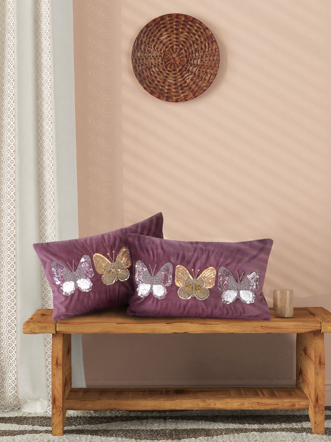 Sangria Purple & White Set of 2 Embellished Velvet Rectangle Cushion Covers Price in India