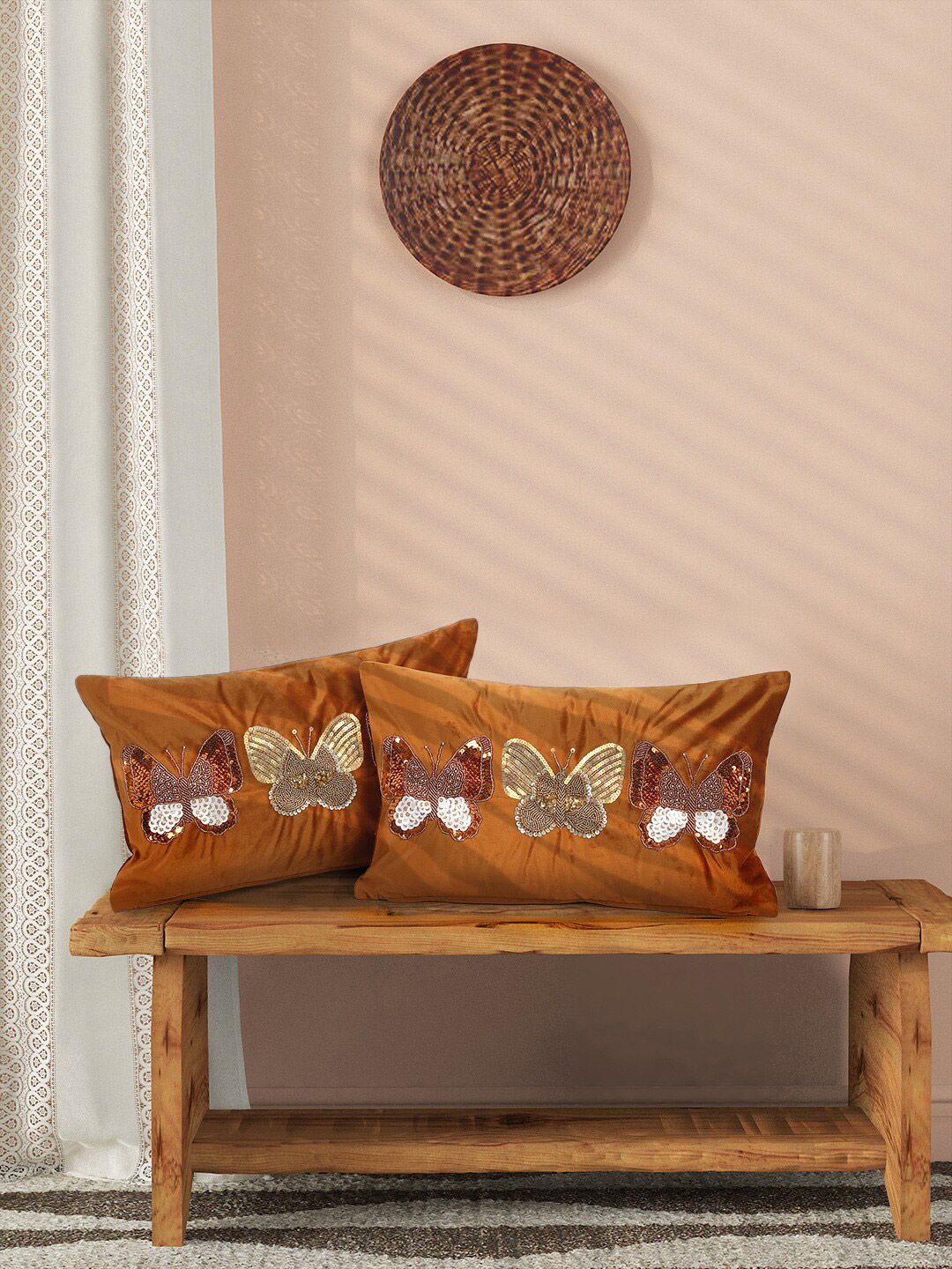 Sangria Set of 2 Embellished Velvet Rectangle Cushion Covers Price in India