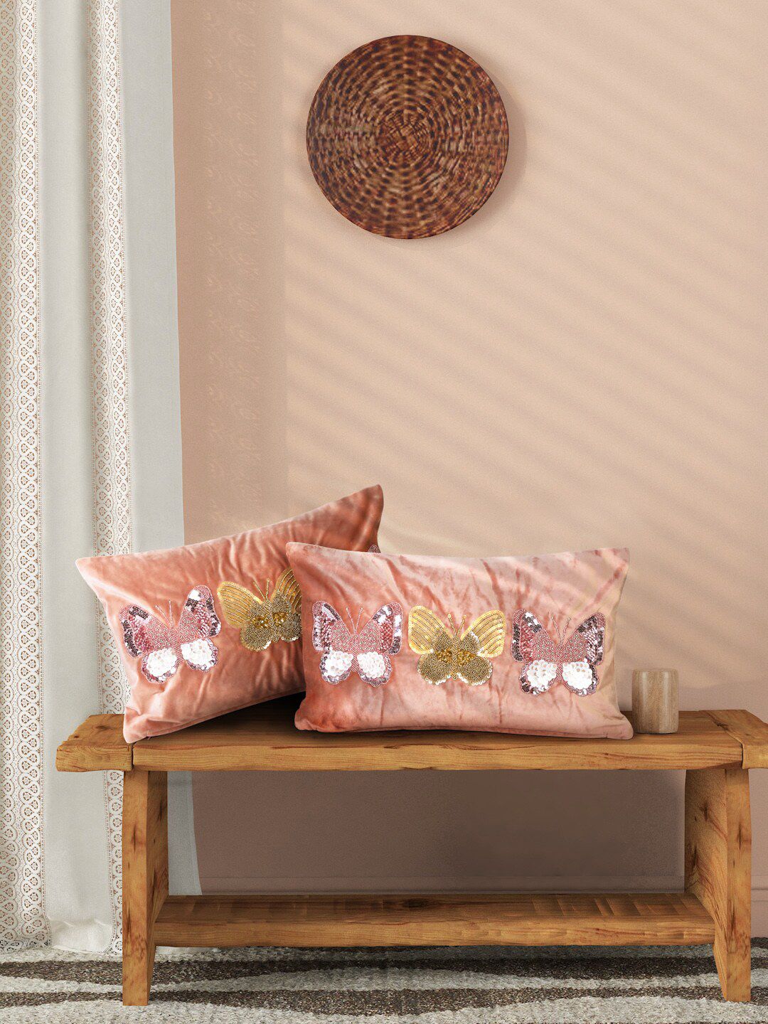 Sangria Pink & Gold-Toned Set of 2 Embellished Velvet Rectangle Cushion Covers Price in India