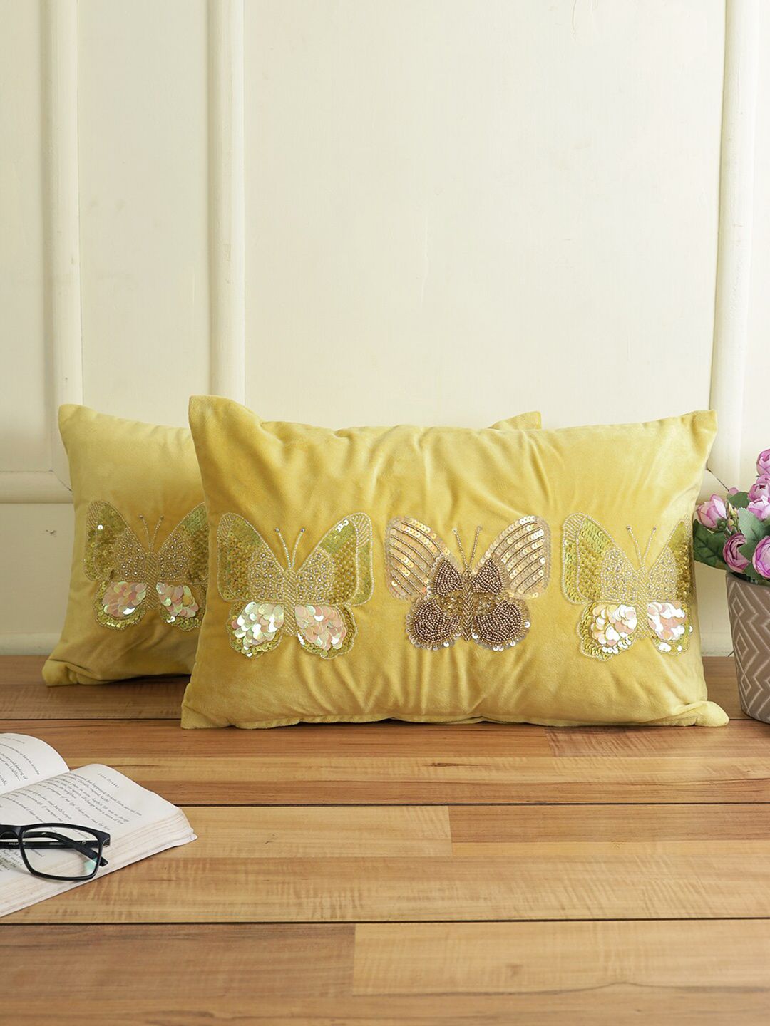 Sangria Set of 2 Yellow & Brown Embroidered Velvet Rectangle Cushion Covers Price in India