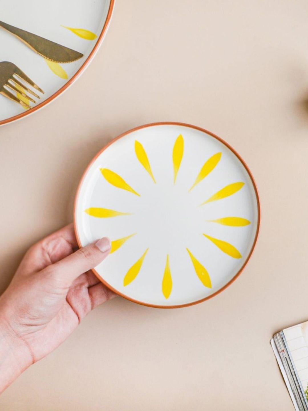 Nestasia White & Yellow Painted Printed Ceramic Snack Plate Price in India