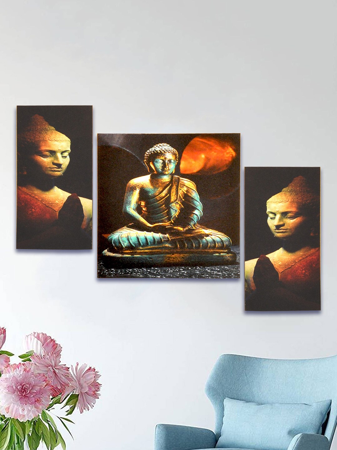 PSHREE KALA HOME DECOR Set of 3 Lord Buddha Sitting Statue Painting Price in India