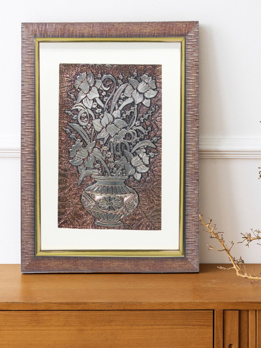 SHREE KALA HOME DECOR Brown & Grey Flower Embossed Painting Price in India