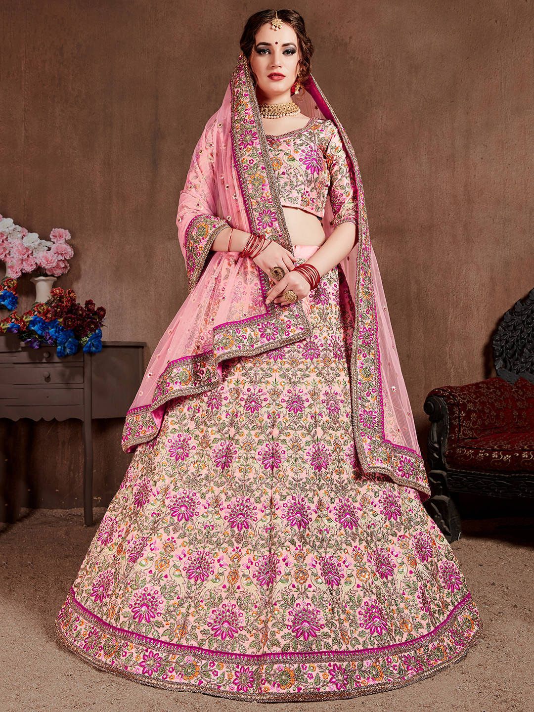 FABPIXEL Pink & Purple Embroidered Semi-Stitched Lehenga & Unstitched Blouse With Dupatta Price in India