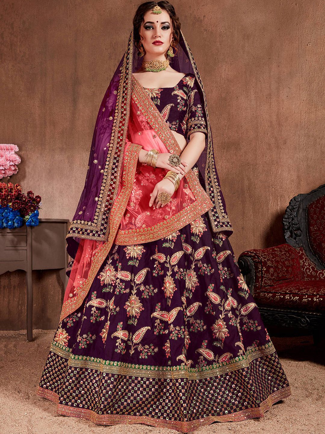 FABPIXEL Purple & Gold-Toned Embroidered Sequinned Semi-Stitched Lehenga & Unstitched Blouse With Dupatta Price in India