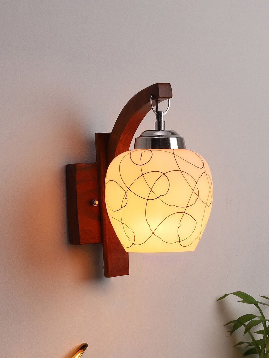 Foziq Brown Printed Wooden Bell Shape Wall Lamp Price in India